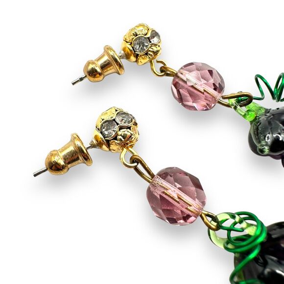 Vintage Purple Grape Cluster Glass Dangle Earrings Green Leaf Grapes Crystal - Picture 3 of 4